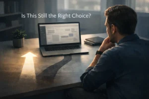 Cinematic illustration showing a website owner carefully evaluating a long-term software decision