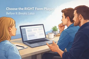 Editorial illustration showing a website owner carefully choosing a WordPress form plugin on a laptop