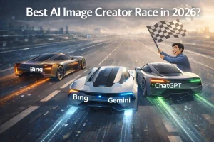 Editorial illustration showing a future-focused AI race representing better image prompting strategies