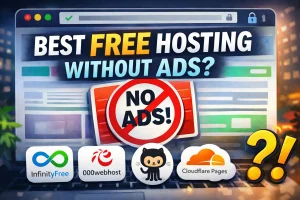 Illustration showing a website comparison screen highlighting free hosting options without ads, with a clear no ads sign and popular free hosting platforms.