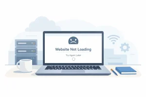 Illustration of a laptop showing a website not loading, representing a free hosting website that stopped working after a few months.