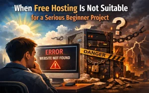 Illustration showing a beginner website owner facing a site-offline warning due to unstable free hosting