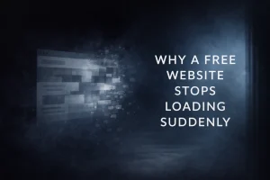 Illustration of a website gradually fading and breaking apart, representing a free website stopping without warning due to hidden hosting limitations.