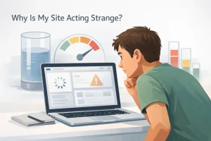 Beginner observing a laptop with a partially loading website, showing how free hosting limits cause slow or restricted behavior.